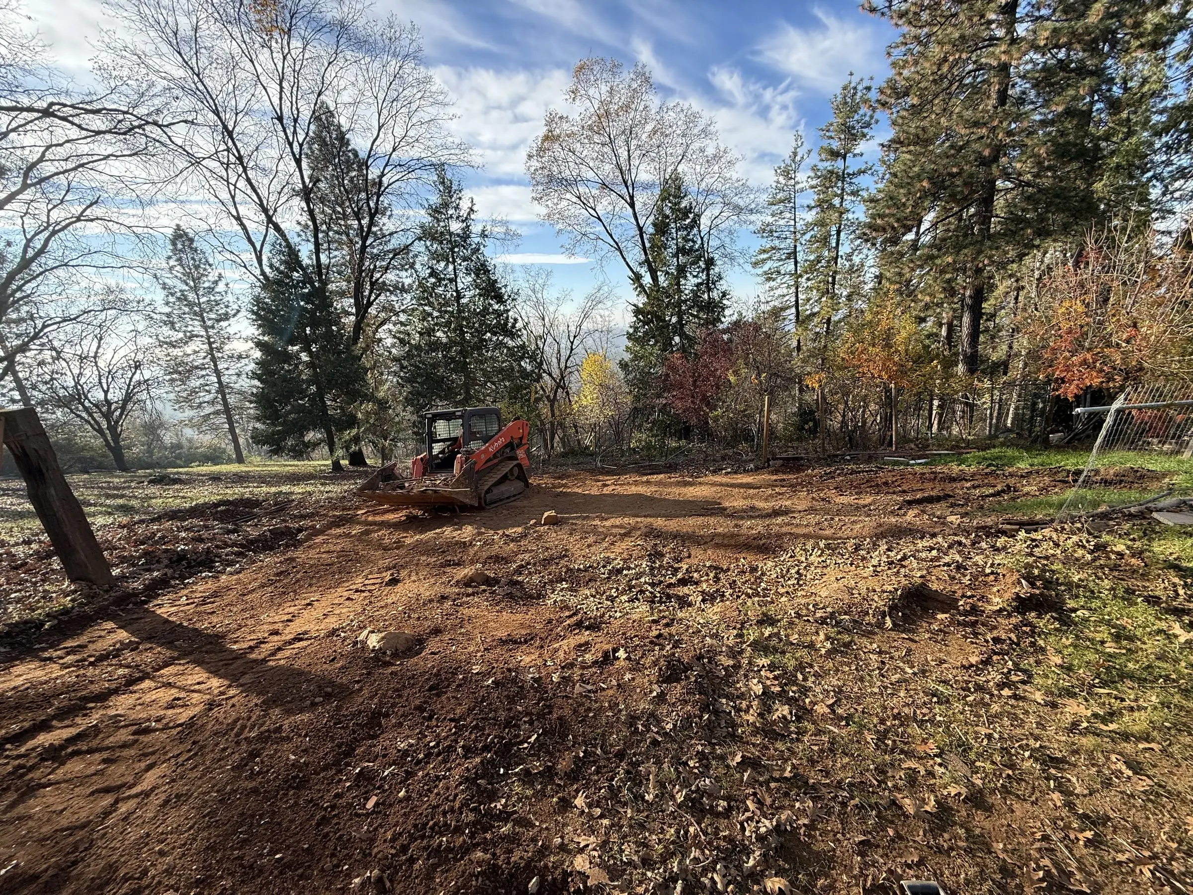 Skid steer on a cleared, graded lot surrounded by pines